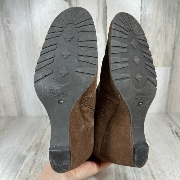 Franco Sarto Wedge Brown Suede Ankle Boots Side Zip Booties #335 - Picture 6 of 9